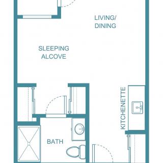 Floor plan of a studio apartment with a kitchenette, sleeping alcove, bath, and living/dining area.