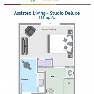 A floor plan of an Assisted Living Studio Deluxe, featuring a 355 sq. ft. layout with living area, bedroom, kitchenette, and bathroom.