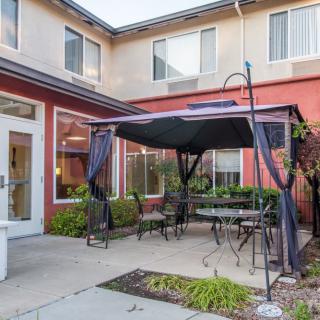 A cozy outdoor patio area with a canopy and seating surrounded by a building.