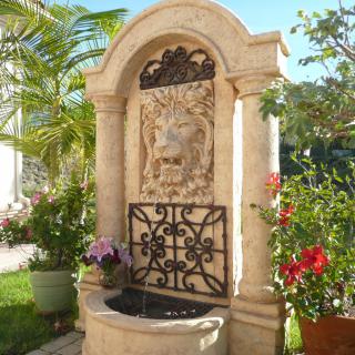 A decorative outdoor fountain with a lion sculpture, surrounded by plants in a sunny garden setting.