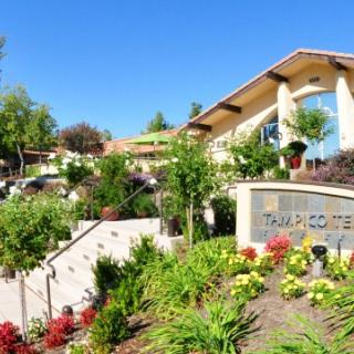 A modern building entrance surrounded by well-maintained gardens and plants.