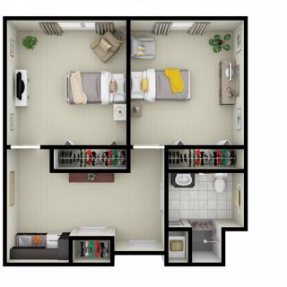 A detailed floor plan of a small apartment featuring two bedrooms, a bathroom, and a living area.