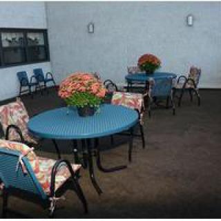An outdoor patio area with tables and chairs adorned with colorful cushions and potted plants.