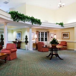 A cozy lobby with comfortable seating and elegant decor.