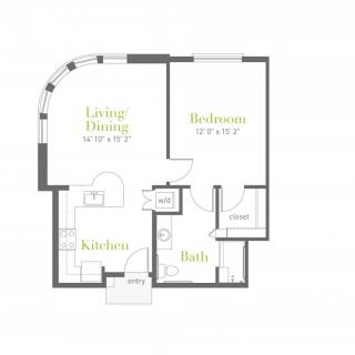 A floor plan of a one-bedroom apartment with labeled areas for living/dining, bedroom, kitchen, and bathroom.