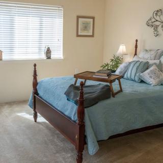 A cozy bedroom with a neatly made bed and natural light streaming through the window.