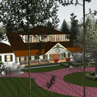 A two-story house surrounded by trees, featuring a landscaped garden and a curved driveway.