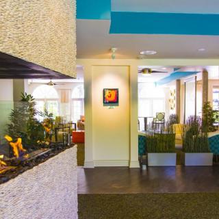 A modern lobby interior featuring artwork, decorative plants, and stylish lighting.