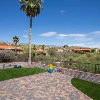 A sunny landscape featuring palm trees and a patio with desert surroundings.