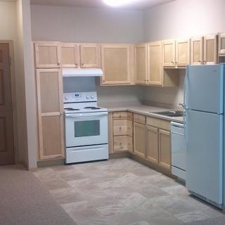 A modern kitchen with wooden cabinets, a refrigerator, stove, and ample countertop space.