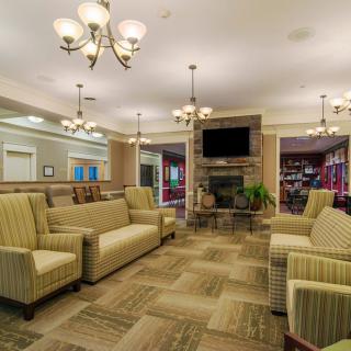 A well-furnished living room featuring sofas, chandeliers, a fireplace, and a mounted television.