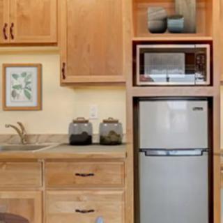 A compact kitchen area with wooden cabinets, a small refrigerator, microwave, and a sink.