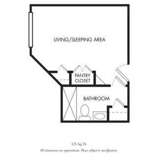 A floor plan of a studio apartment featuring a living/sleeping area, pantry closet, and bathroom.