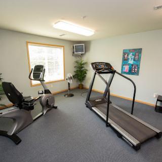 A well-equipped home gym featuring a treadmill and stationary bike with natural light.