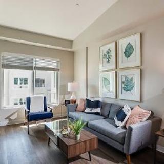 A modern living room with stylish decor and abundant natural light.