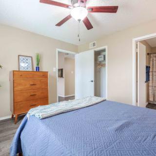 A well-lit bedroom featuring a ceiling fan and stylish furniture.