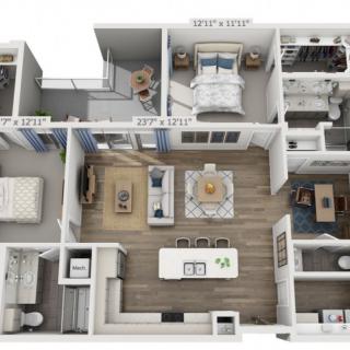 A 3D-rendered floor plan of an apartment showing a detailed layout of rooms and furniture.