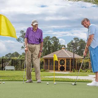 Two elderly men enjoying a game of golf on a putting green.