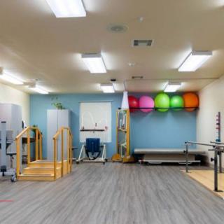 A spacious rehabilitation center equipped with therapy balls, parallel bars, and other physical therapy tools.