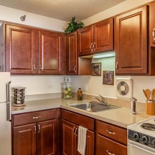 A cozy kitchen with wooden cabinets, a refrigerator, and a stove, complemented by a well-organized countertop.