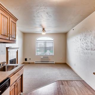 A view of an apartment's living area with a kitchen, carpeted floor, and a window allowing natural light.