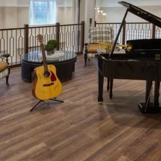 An elegant living room featuring a grand piano and an acoustic guitar.
