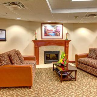 A cozy living room with a fireplace, two sofas, and decorative artwork on the walls.