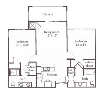 A floor plan of a two-bedroom apartment featuring a living room, kitchen, two bathrooms, walk-in closets, and a balcony.