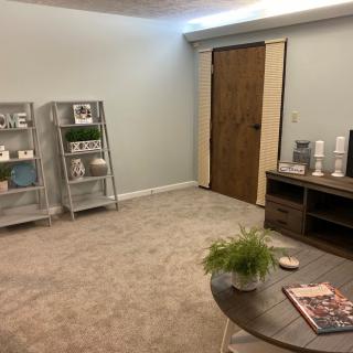 A minimalist living room with modern furniture and shelving.