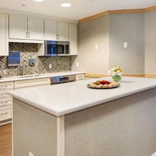 A modern kitchen with a sleek countertop and stylish cabinetry.