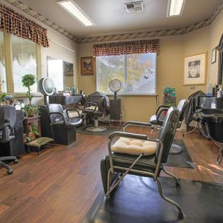 A cozy hair salon interior featuring several styling chairs and mirrors.