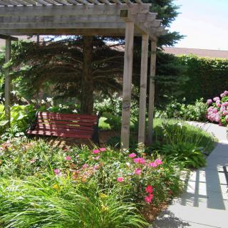 A tranquil garden with a pergola and a bench surrounded by lush greenery and vibrant flowers.