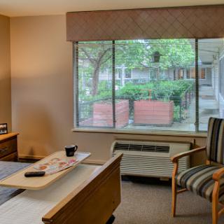 A cozy hotel room with a view of a green courtyard.