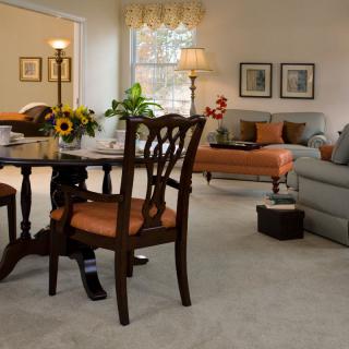 A cozy living and dining area with traditional furniture and warm decor.
