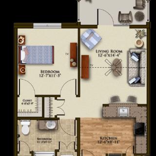 A one-bedroom apartment floor plan featuring a living room, kitchen, and bathroom.