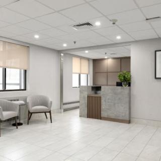 A sleek and modern office reception area with stylish furniture and bright lighting.