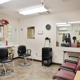 A hair salon with chairs, mirrors, and styling stations.
