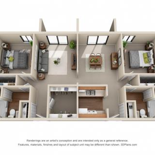 3D floor plan of an apartment showcasing multiple bedrooms, bathrooms, a kitchen, and a living area.