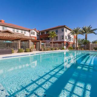 A sunny outdoor pool area with buildings and palm trees in the background.