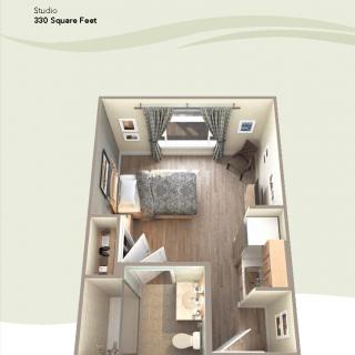 3D floor plan of a studio apartment with designated areas for living, sleeping, and cooking.
