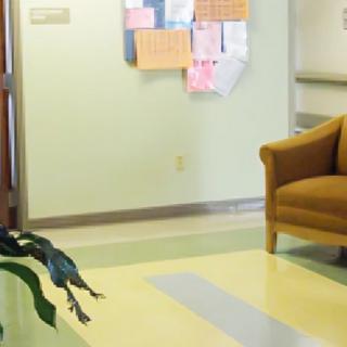 A waiting area with a chair and bulletin board.