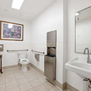 A clean and modern accessible bathroom featuring a toilet, sink, and artwork on the wall.
