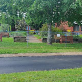 A serene park area featuring fenced benches and lush greenery.