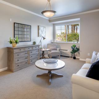 A cozy and elegant living room with modern furniture and decor.