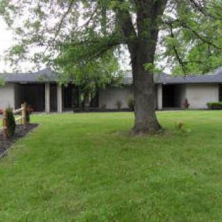 A single-story house with a large front lawn and a prominent tree.