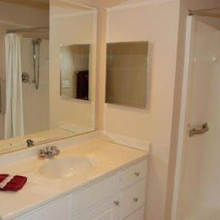 A bathroom with a sink, mirror, and shower area.