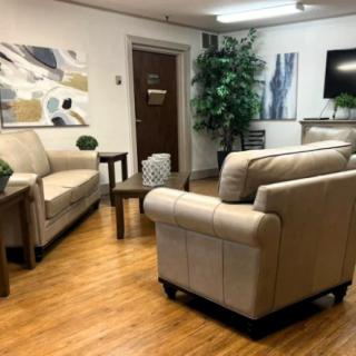 A cozy living room with comfortable sofas, a coffee table, and decorative plants.