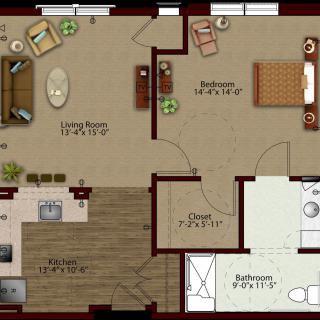 A floor plan of an apartment showing a living room, kitchen, dining area, bedroom, and bathroom.