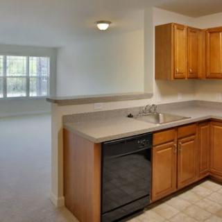 Modern kitchen with wooden cabinets and a view of the living area.