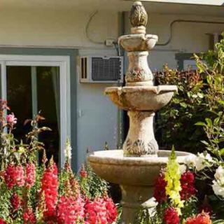 A decorative garden fountain surrounded by colorful flowers.